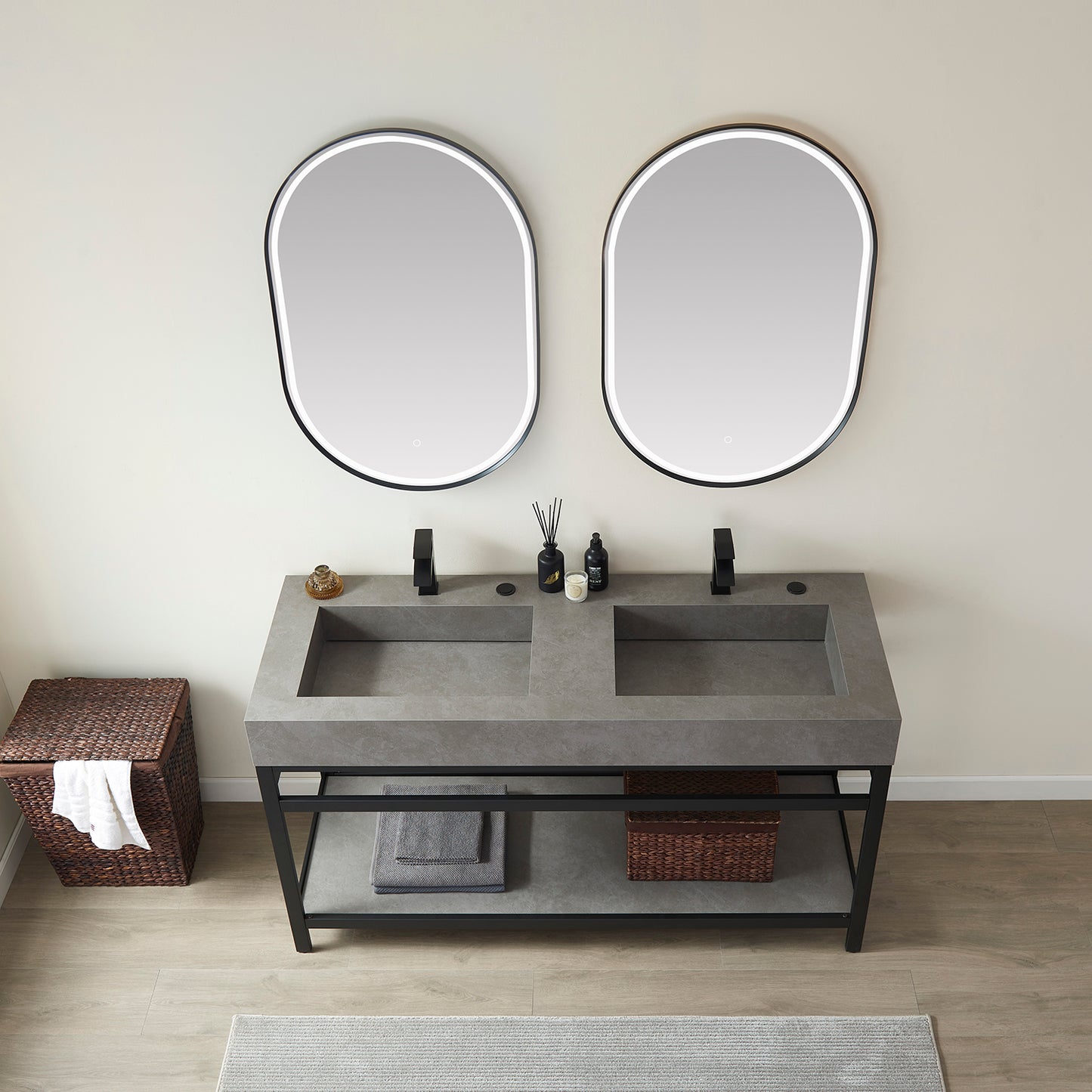 Bilbao 60" Double Vanity with Matte black stainless steel bracket match with Grey Sintered Stone Top and Mirror