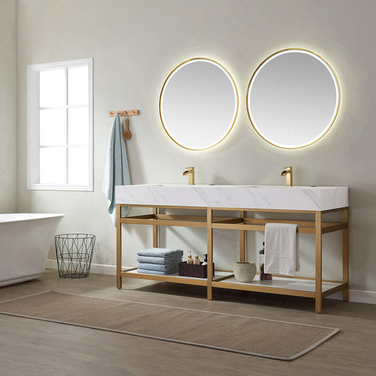 Bilbao 72" Vanity with Brushed-gold stainless steel bracket match with Snow mountain-white stone Countertop With Mirror