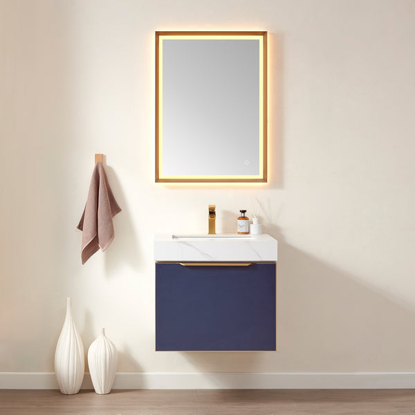 Alicante 24 Single Sink Bath Vanity in Blue with White Sintered Stone Top and Mirror