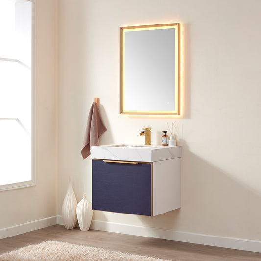 Alicante 24" Single Sink Bath Vanity in Blue with White Sintered Stone Top and Mirror