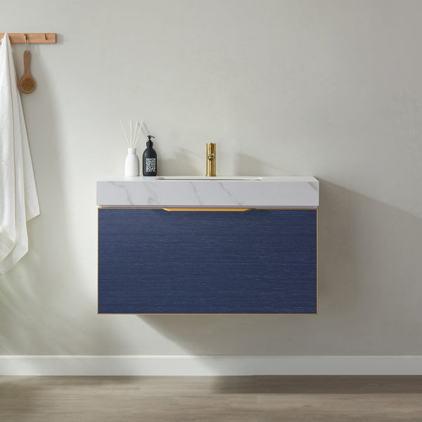 Alicante 36 Vanity in Classic Blue with White Sintered Stone Countertop and undermount sink Without Mirror