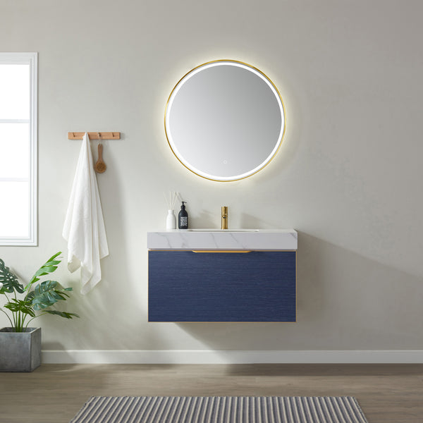 Alicante 36 Vanity in Classic Blue with White Sintered Stone Countertop and undermount sink With Mirror