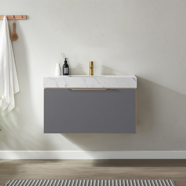 Alicante 36 Vanity in Grey with White Sintered Stone Countertop and undermount sink Without Mirror