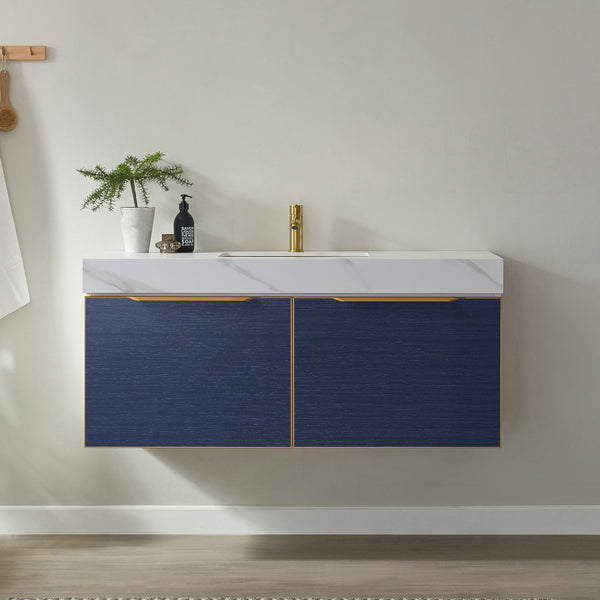 Alicante 48 Vanity in Classic Blue with White Sintered Stone Countertop and undermount sink Without Mirror