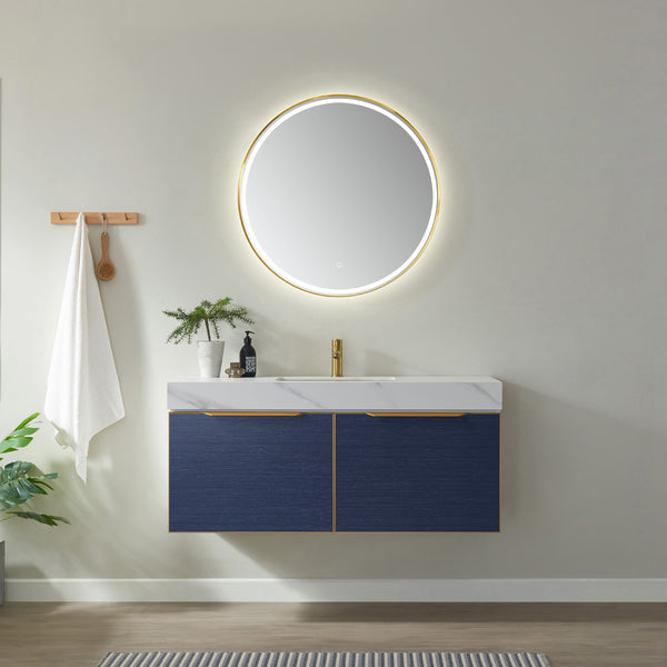 Alicante 48 Vanity in Classic Blue with White Sintered Stone Countertop and undermount sink With Mirror