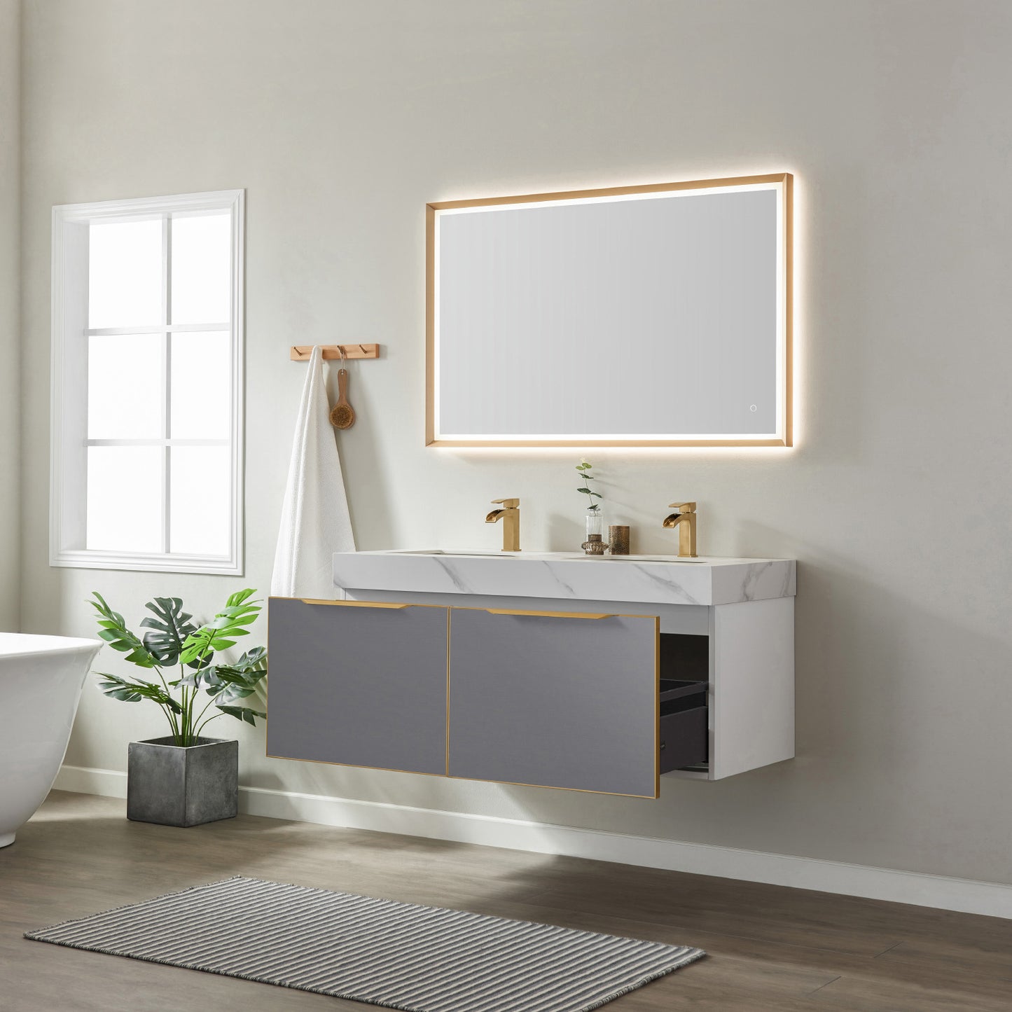 Alicante 48M" Vanity in Grey with White Sintered Stone Countertop and undermount sink With Mirror