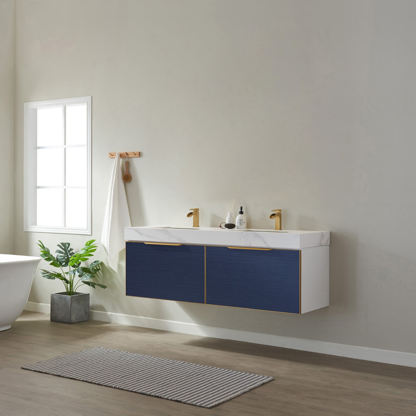 Alicante 60" Vanity in Classic Blue with White Sintered Stone Countertop and undermount sink Without Mirror