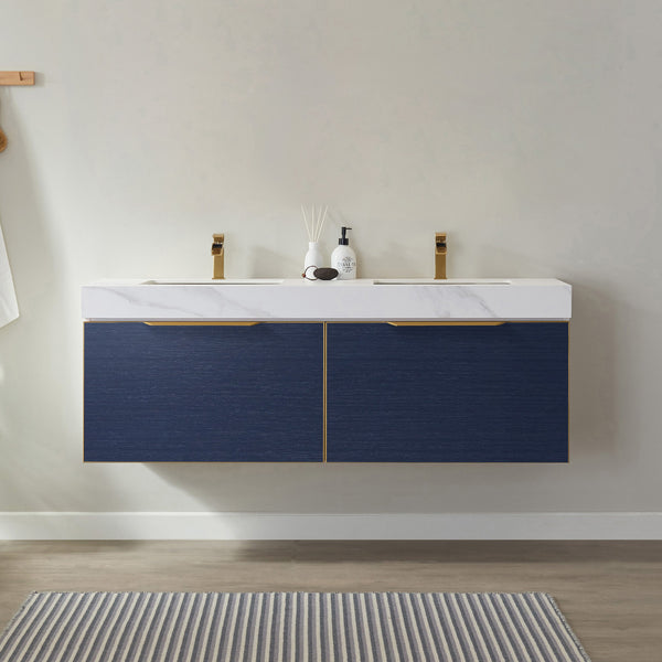 Alicante 60 Vanity in Classic Blue with White Sintered Stone Countertop and undermount sink Without Mirror