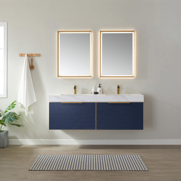 Alicante 60 Vanity in Classic Blue with White Sintered Stone Countertop and undermount sink With Mirror