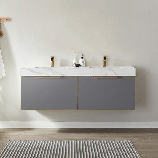 Alicante 60" Vanity in Grey with White Sintered Stone Countertop and undermount sink Without Mirror