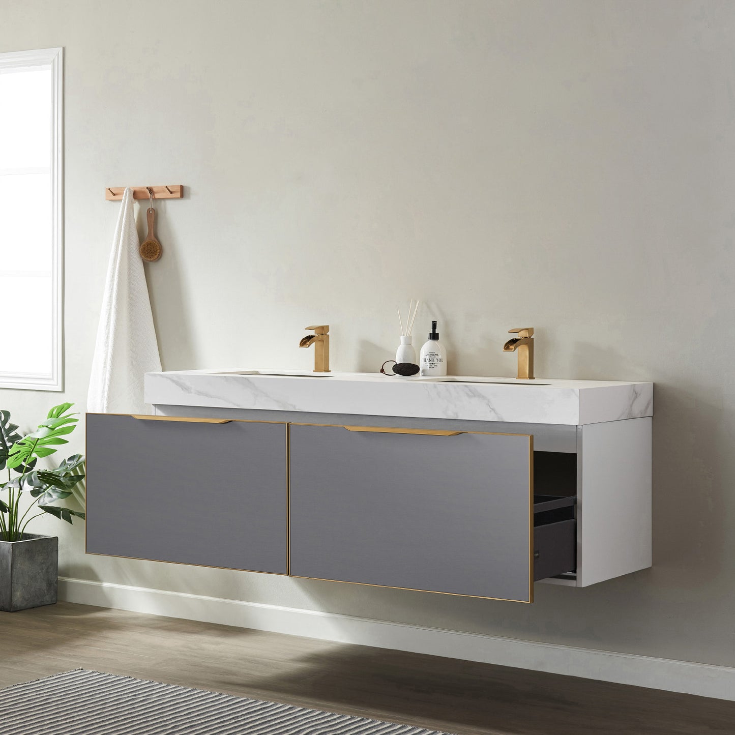 Alicante 60" Vanity in Grey with White Sintered Stone Countertop and undermount sink Without Mirror