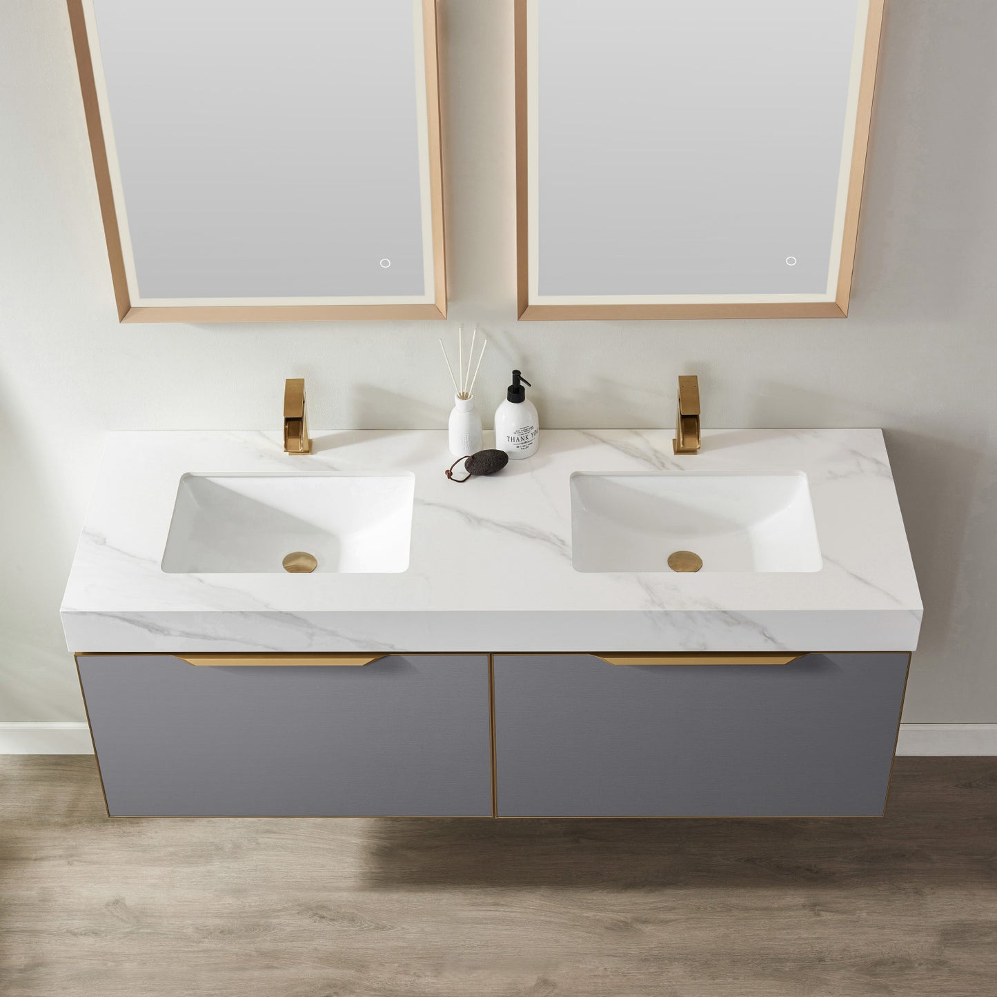 Alicante 60" Vanity in Grey with White Sintered Stone Countertop and undermount sink With Mirror