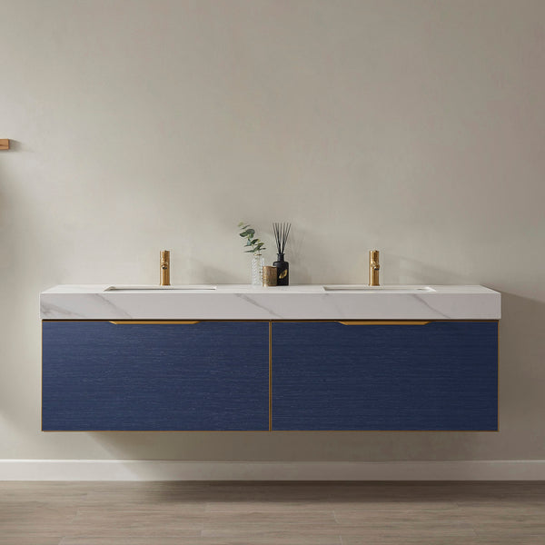 Alicante 72 Vanity in Classic Blue with White Sintered Stone Countertop and undermount sink Without Mirror