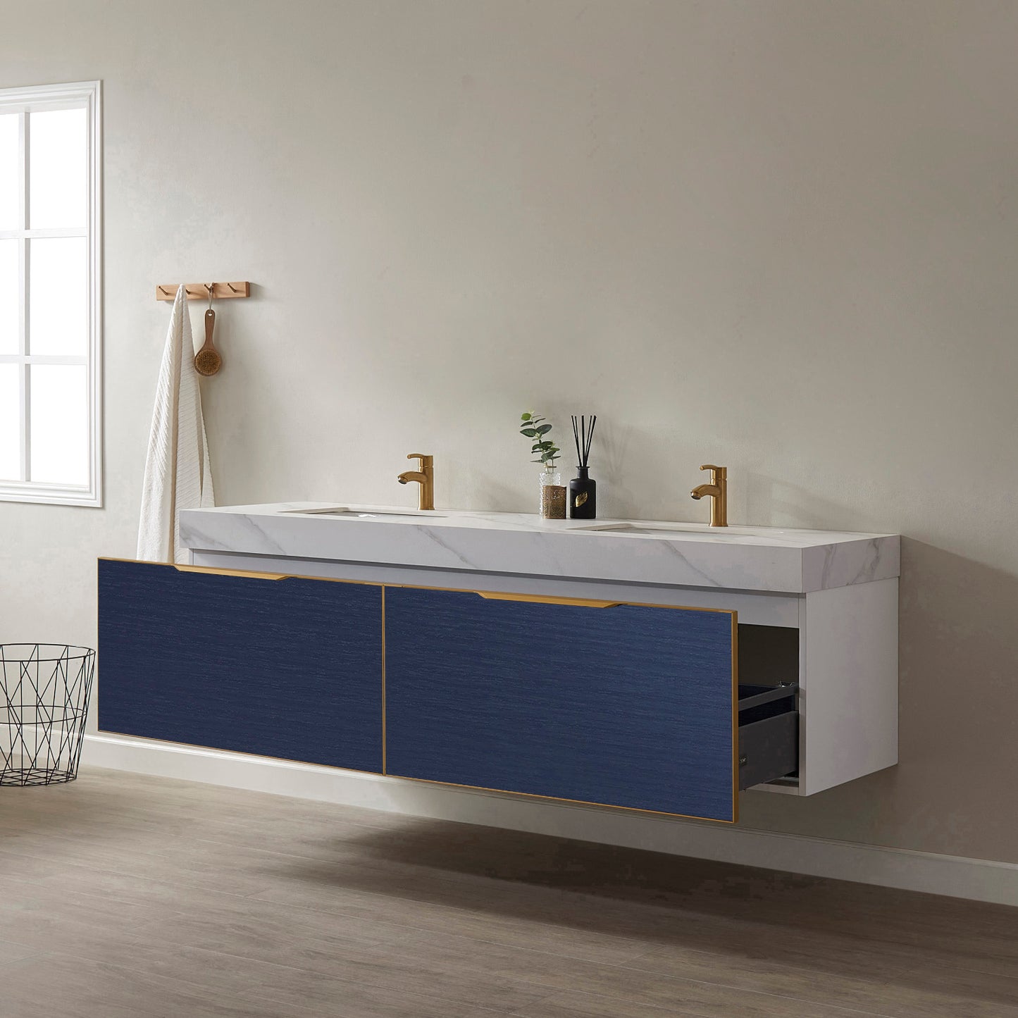 Alicante 72" Vanity in Classic Blue with White Sintered Stone Countertop and undermount sink Without Mirror