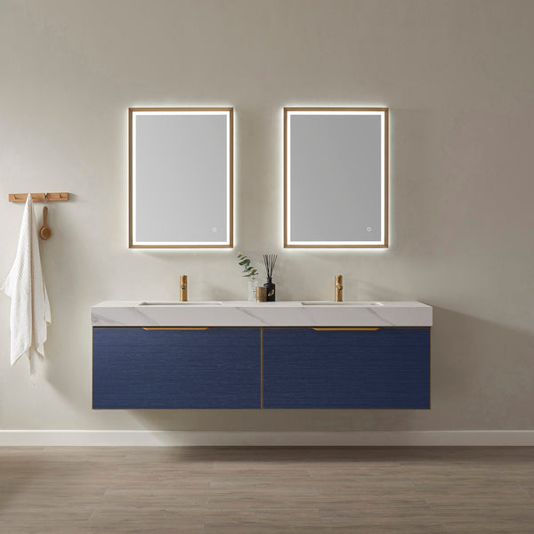 Alicante 72 Vanity in Classic Blue with White Sintered Stone Countertop and undermount sink With Mirror