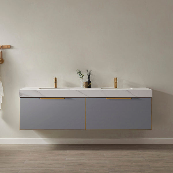 Alicante 72 Vanity in Grey with White Sintered Stone Countertop and undermount sink Without Mirror