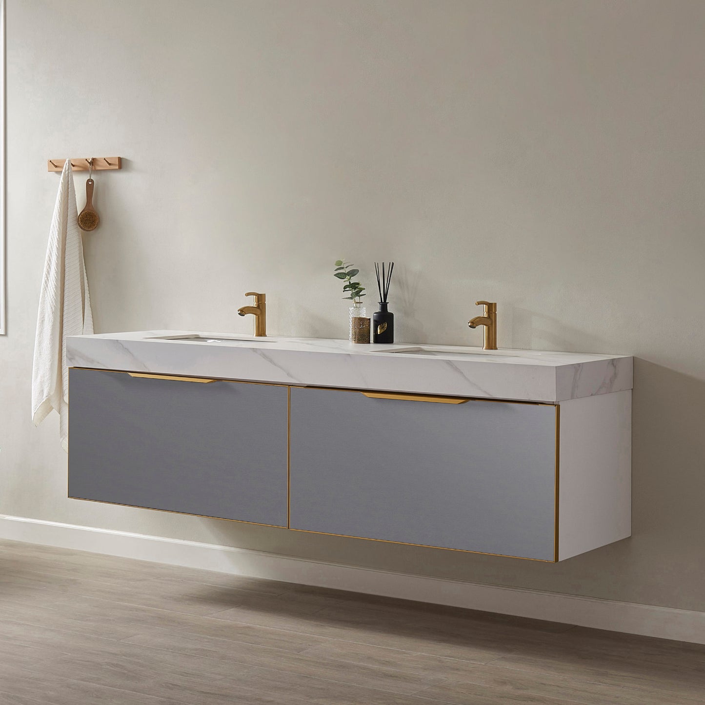 Alicante 72" Vanity in Grey with White Sintered Stone Countertop and undermount sink Without Mirror
