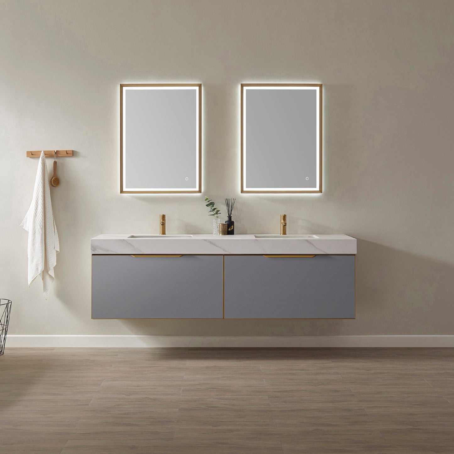 Alicante 72" Vanity in Grey with White Sintered Stone Countertop and undermount sink With Mirror