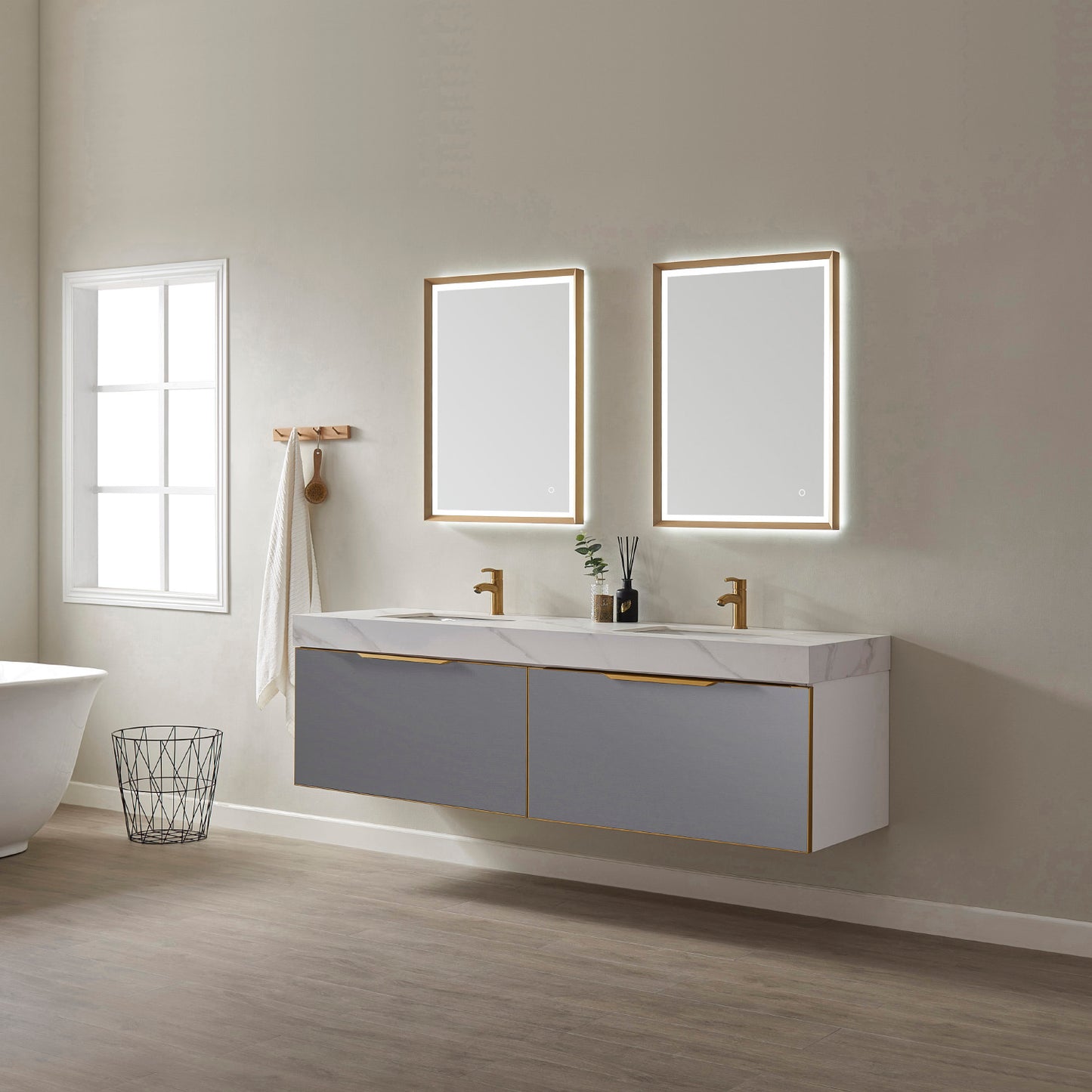 Alicante 72" Vanity in Grey with White Sintered Stone Countertop and undermount sink With Mirror