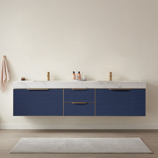 Alicante 84" Double Sink Bath Vanity in Blue with White Sintered Stone Top