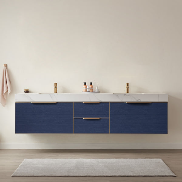 Alicante 84 Double Sink Bath Vanity in Blue with White Sintered Stone Top