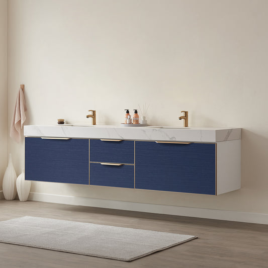 Alicante 84" Double Sink Bath Vanity in Blue with White Sintered Stone Top