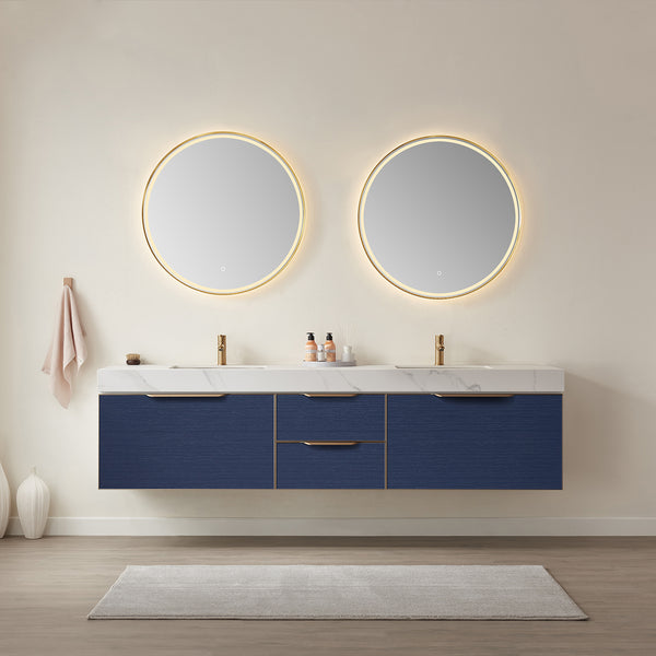 Alicante 84 Double Sink Bath Vanity in Blue with White Sintered Stone Top and Mirror