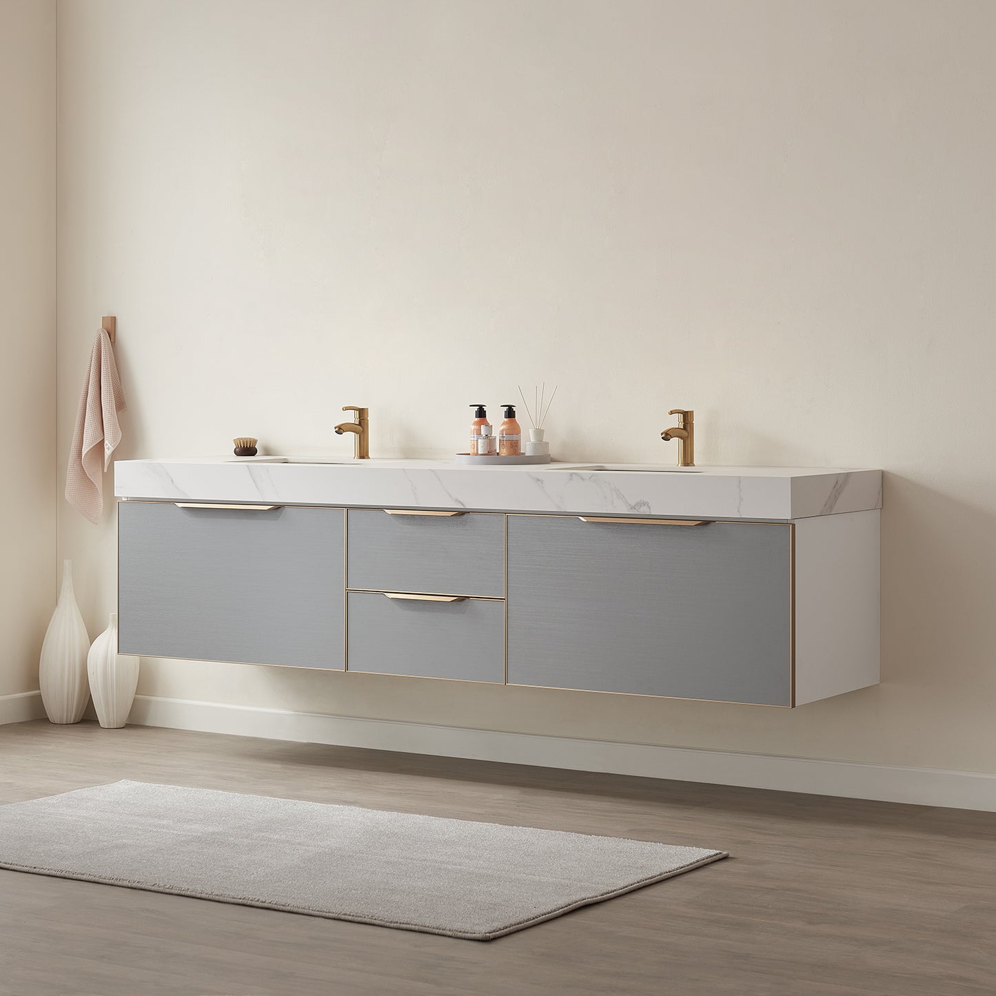 Alicante 84" Double Sink Bath Vanity in Grey with White Sintered Stone Top