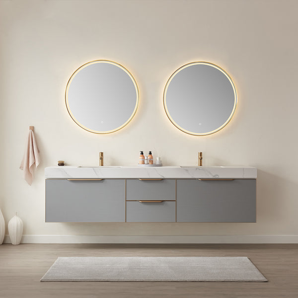 Alicante 84 Double Sink Bath Vanity in Grey with White Sintered Stone Top and Mirror