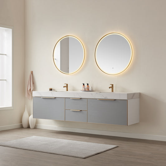 Alicante 84" Double Sink Bath Vanity in Grey with White Sintered Stone Top and Mirror