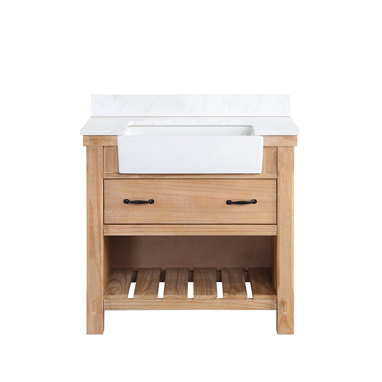 Villareal 36" Single Bath Vanity in Weathered Pine with Composite Stone Top in White, White Farmhouse Basin