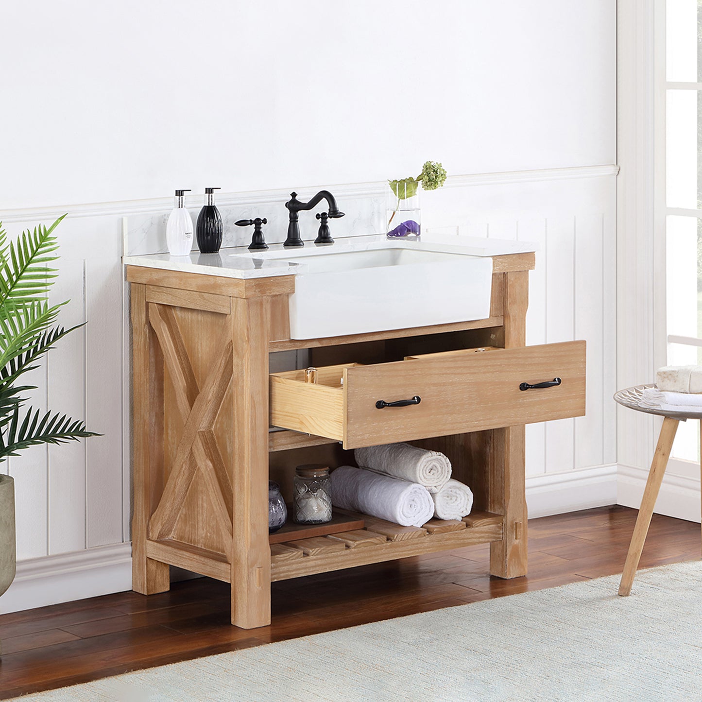 Villareal 36" Single Bath Vanity in Weathered Pine with Composite Stone Top in White, White Farmhouse Basin