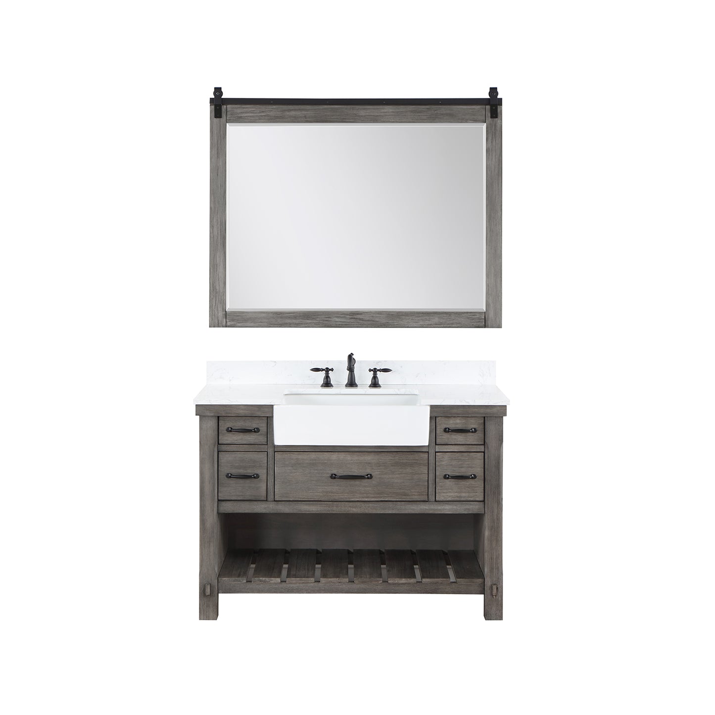 Villareal 48" Single Bath Vanity in Classical Grey with Composite Stone Top in White, White Farmhouse Basin and Mirror