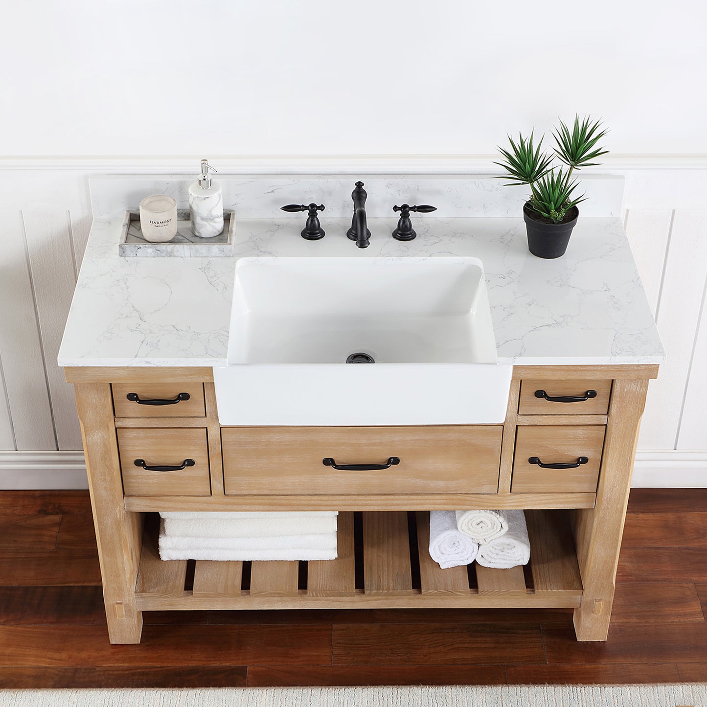 Villareal 48" Single Bath Vanity in Weathered Pine with Composite Stone Top in White, White Farmhouse Basin