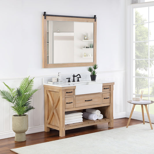 Villareal 48" Single Bath Vanity in Weathered Pine with Composite Stone Top in White, White Farmhouse Basin and Mirror