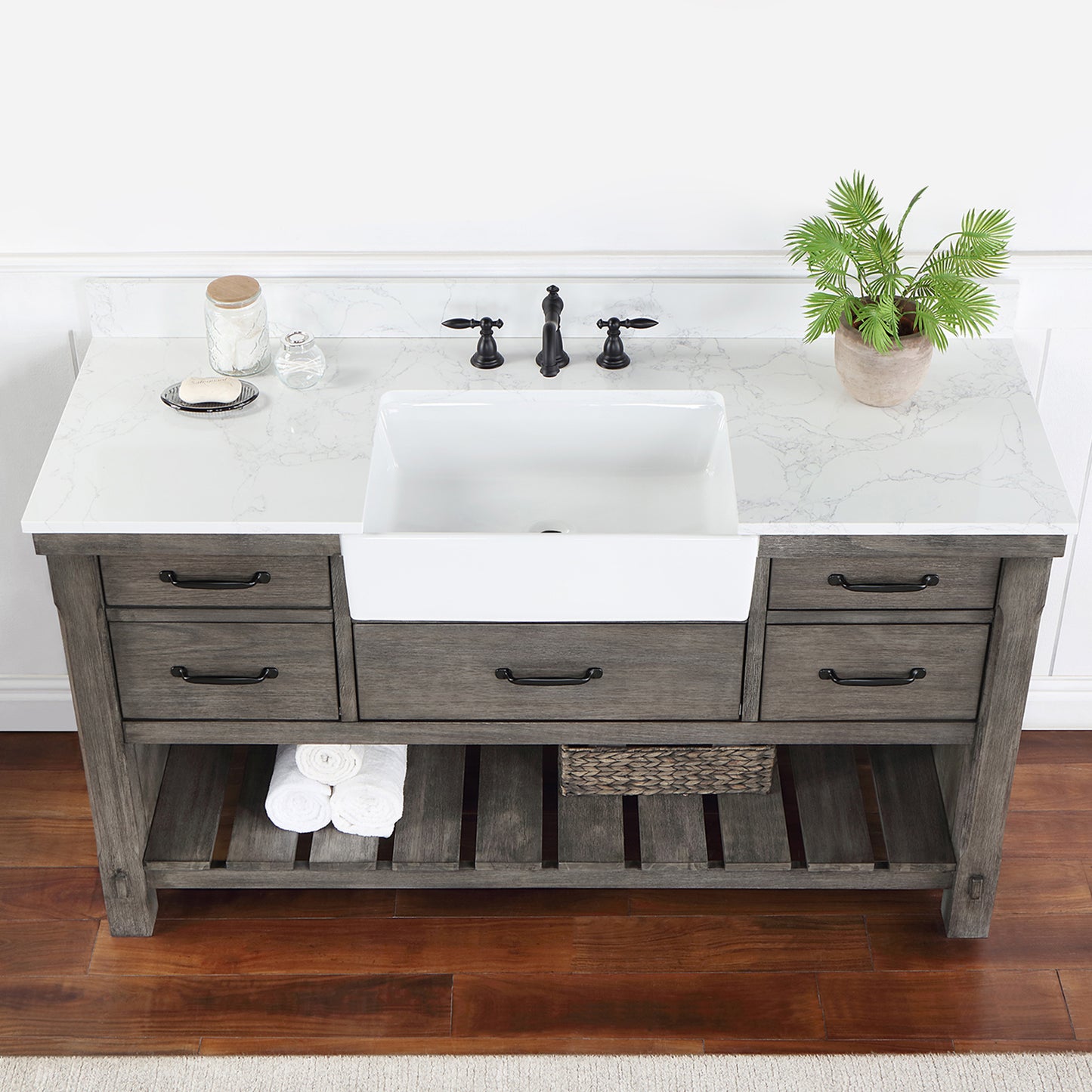 Villareal 60" Single Bath Vanity in Classical Grey with Composite Stone Top in White, White Farmhouse Basin