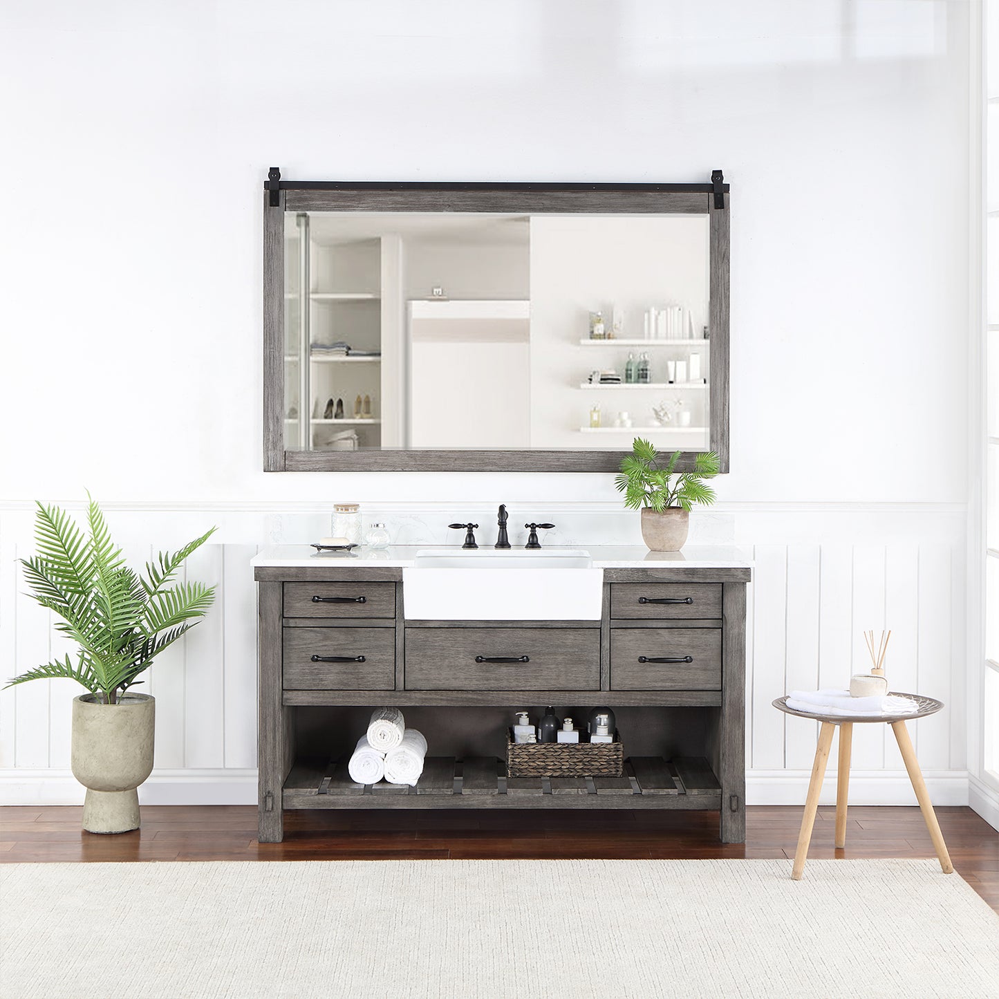 Villareal 60" Single Bath Vanity in Classical Grey with Composite Stone Top in White, White Farmhouse Basin and Mirror