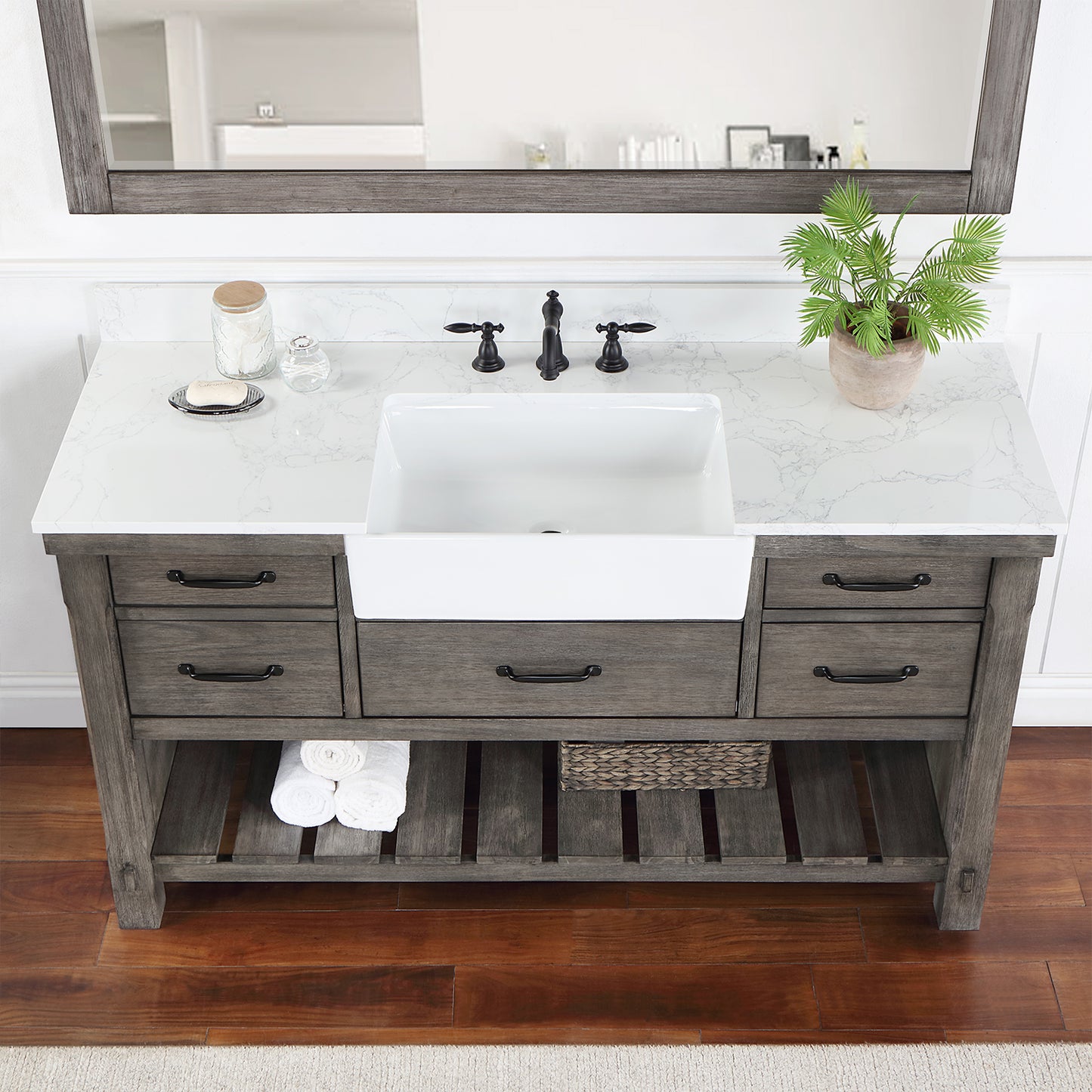 Villareal 60" Single Bath Vanity in Classical Grey with Composite Stone Top in White, White Farmhouse Basin and Mirror