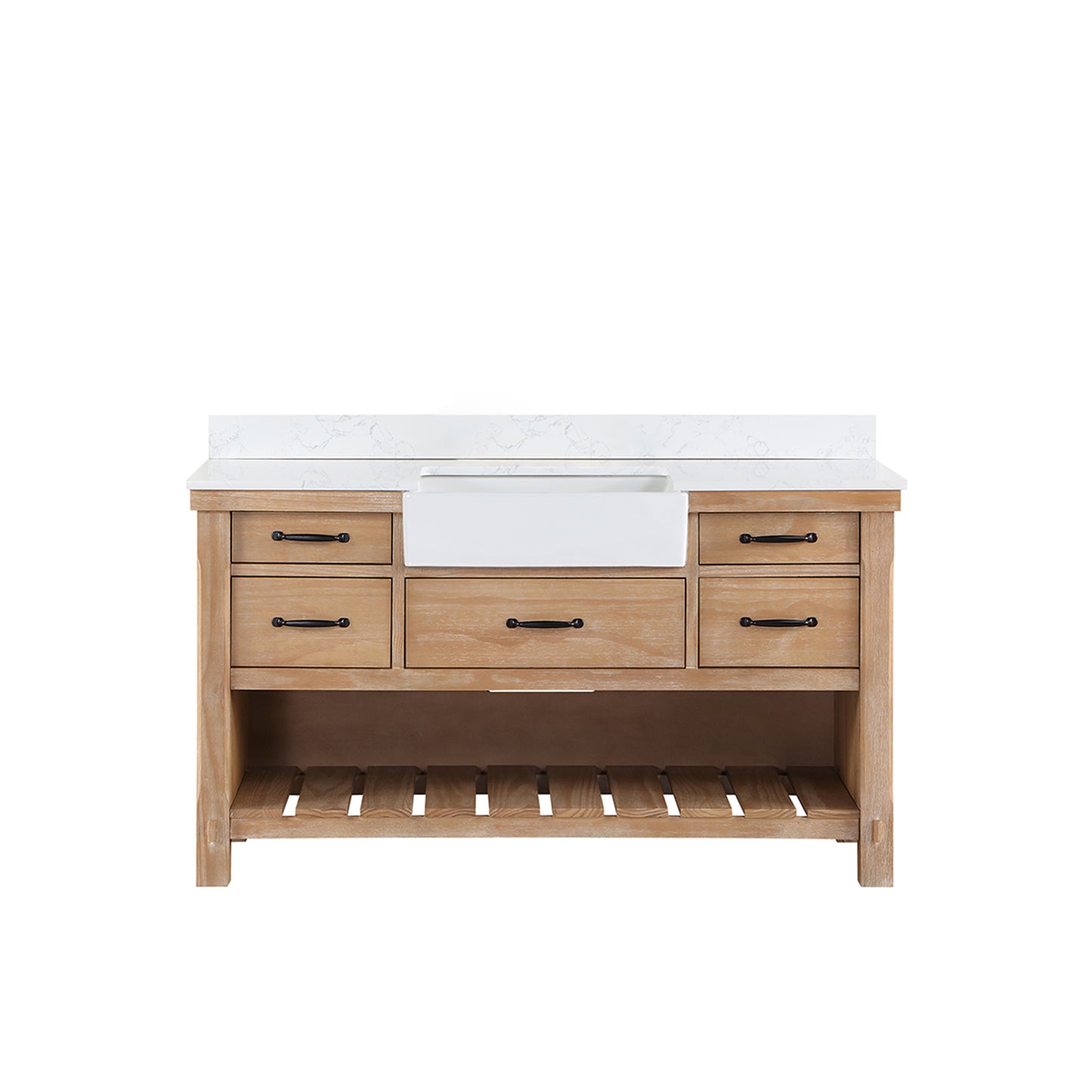 Villareal 60" Single Bath Vanity in Weathered Pine with Composite Stone Top in White, White Farmhouse Basin