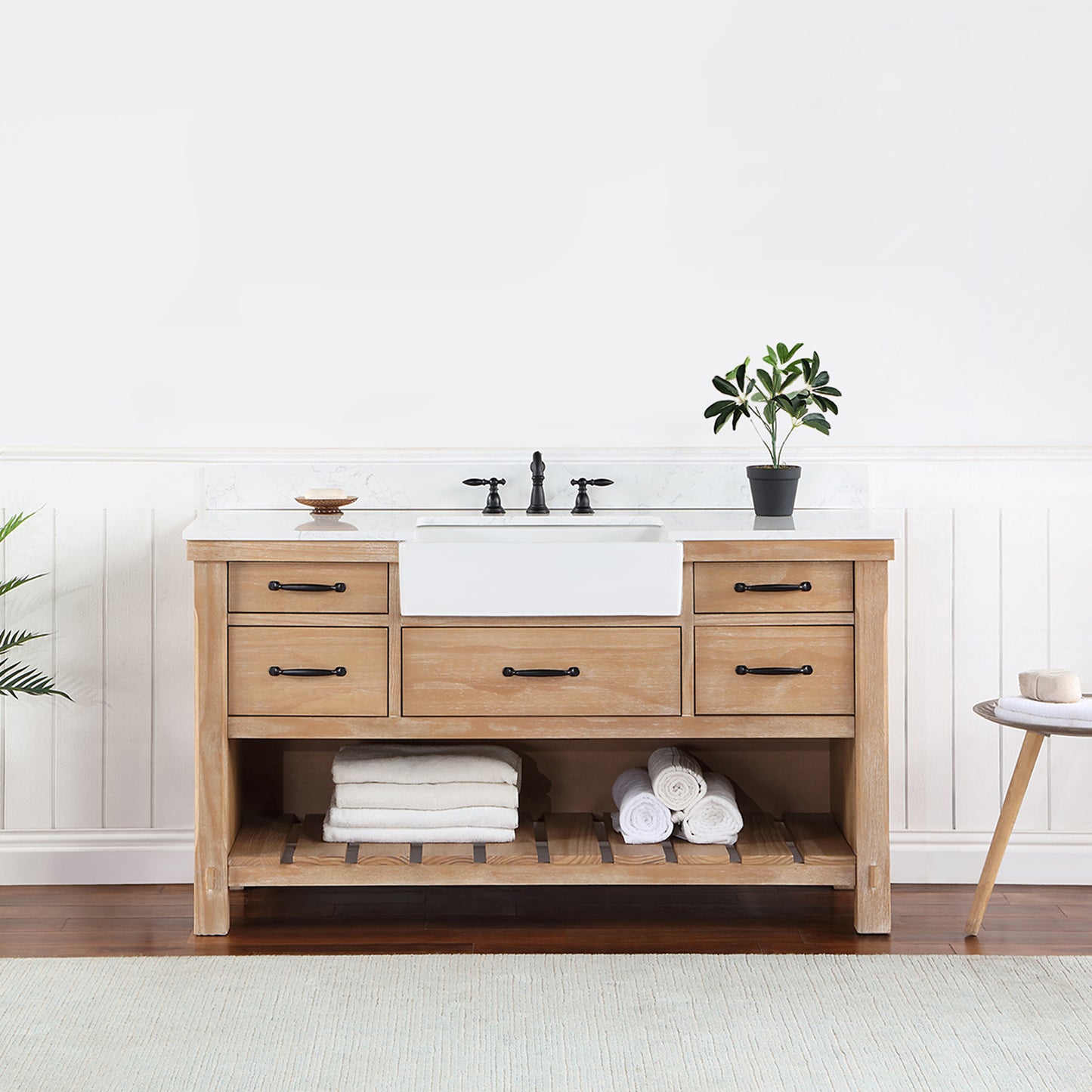 Villareal 60" Single Bath Vanity in Weathered Pine with Composite Stone Top in White, White Farmhouse Basin