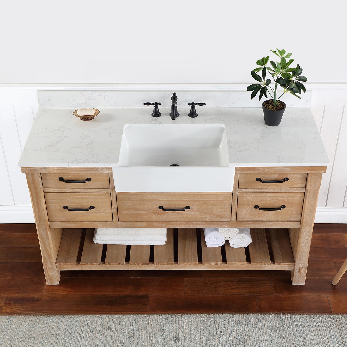 Villareal 60" Single Bath Vanity in Weathered Pine with Composite Stone Top in White, White Farmhouse Basin