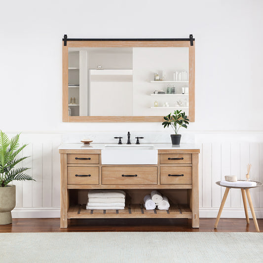 Villareal 60" Single Bath Vanity in Weathered Pine with Composite Stone Top in White, White Farmhouse Basin and Mirror