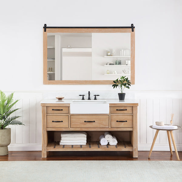 Villareal 60 Single Bath Vanity in Weathered Pine with Composite Stone Top in White, White Farmhouse Basin and Mirror