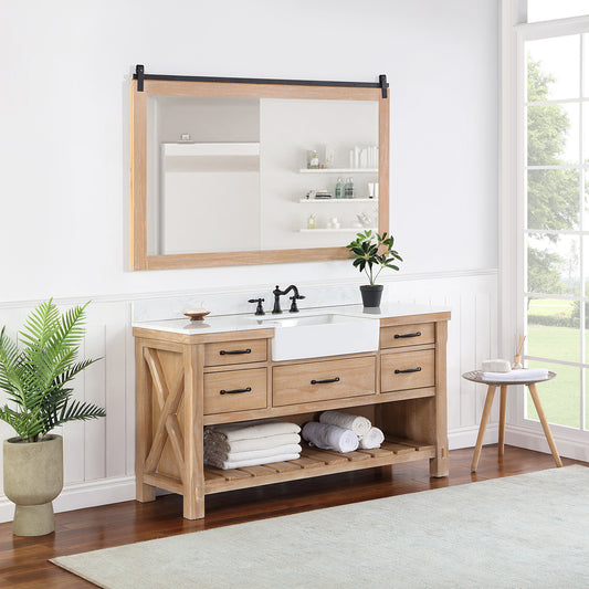 Villareal 60" Single Bath Vanity in Weathered Pine with Composite Stone Top in White, White Farmhouse Basin and Mirror