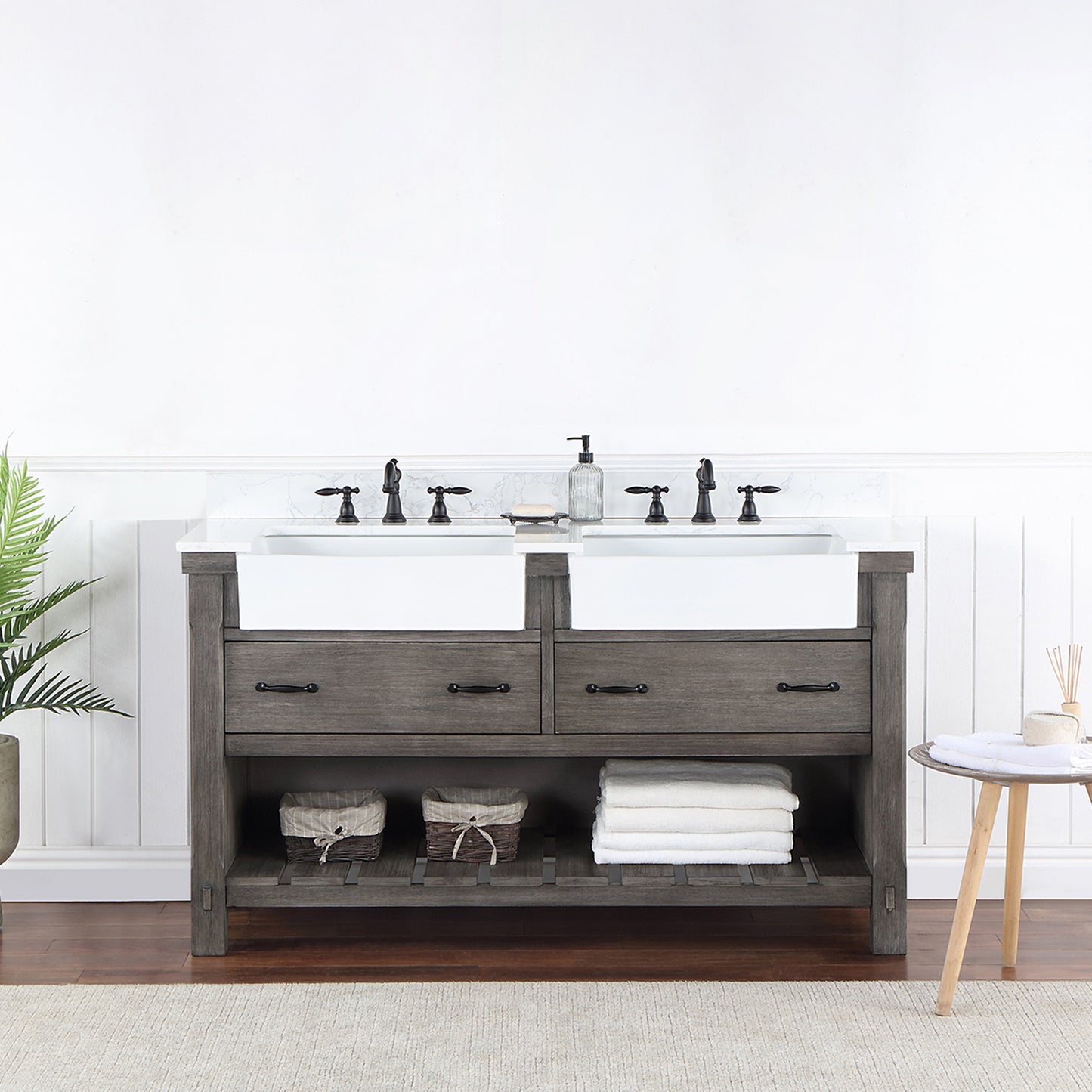 Villareal 60" Double Bath Vanity in Classical Grey with Composite Stone Top in White, White Farmhouse Basin