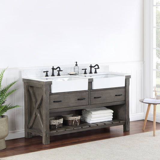 Villareal 60" Double Bath Vanity in Classical Grey with Composite Stone Top in White, White Farmhouse Basin