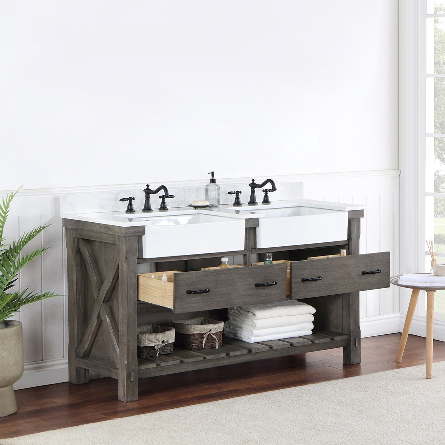 Villareal 60" Double Bath Vanity in Classical Grey with Composite Stone Top in White, White Farmhouse Basin