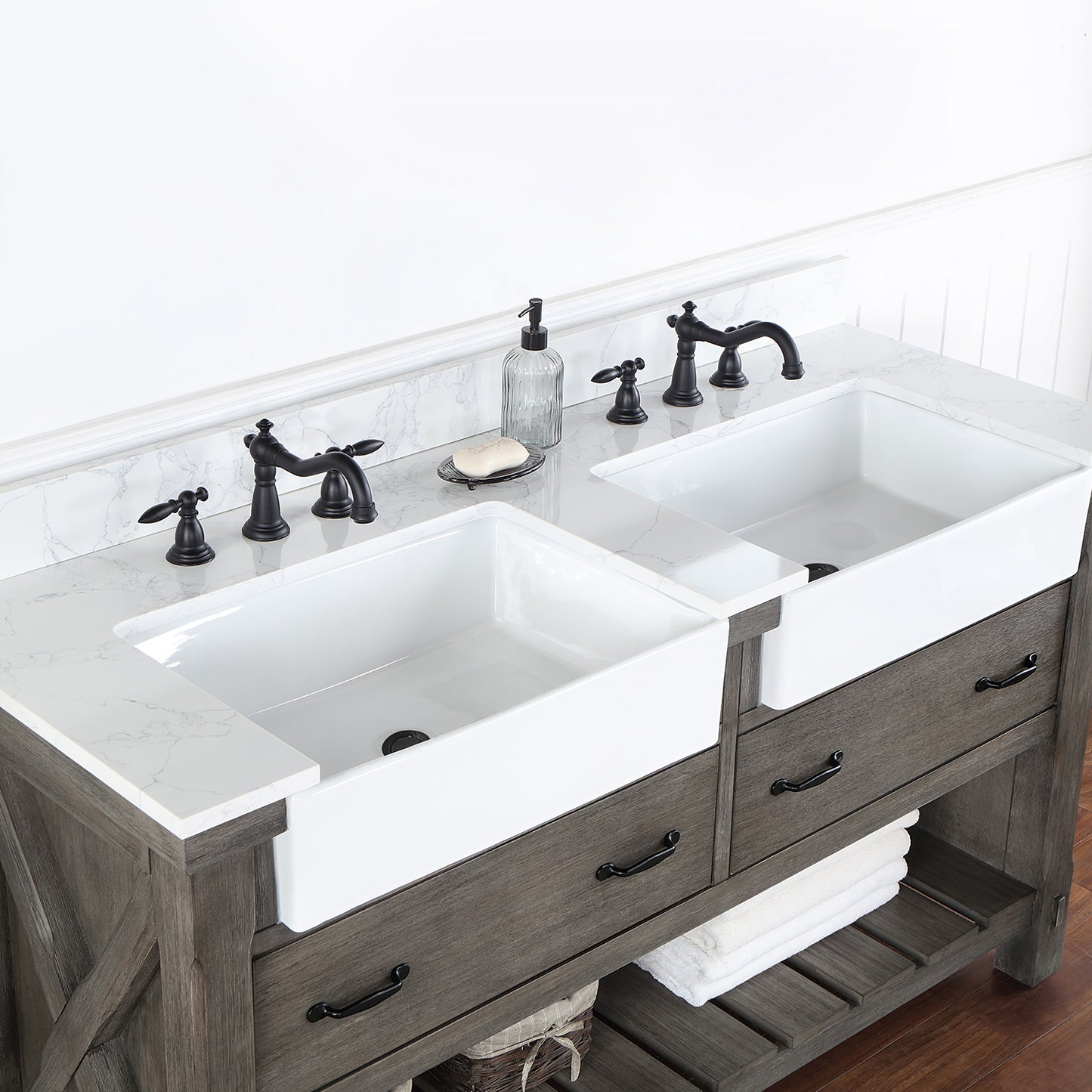 Villareal 60" Double Bath Vanity in Classical Grey with Composite Stone Top in White, White Farmhouse Basin