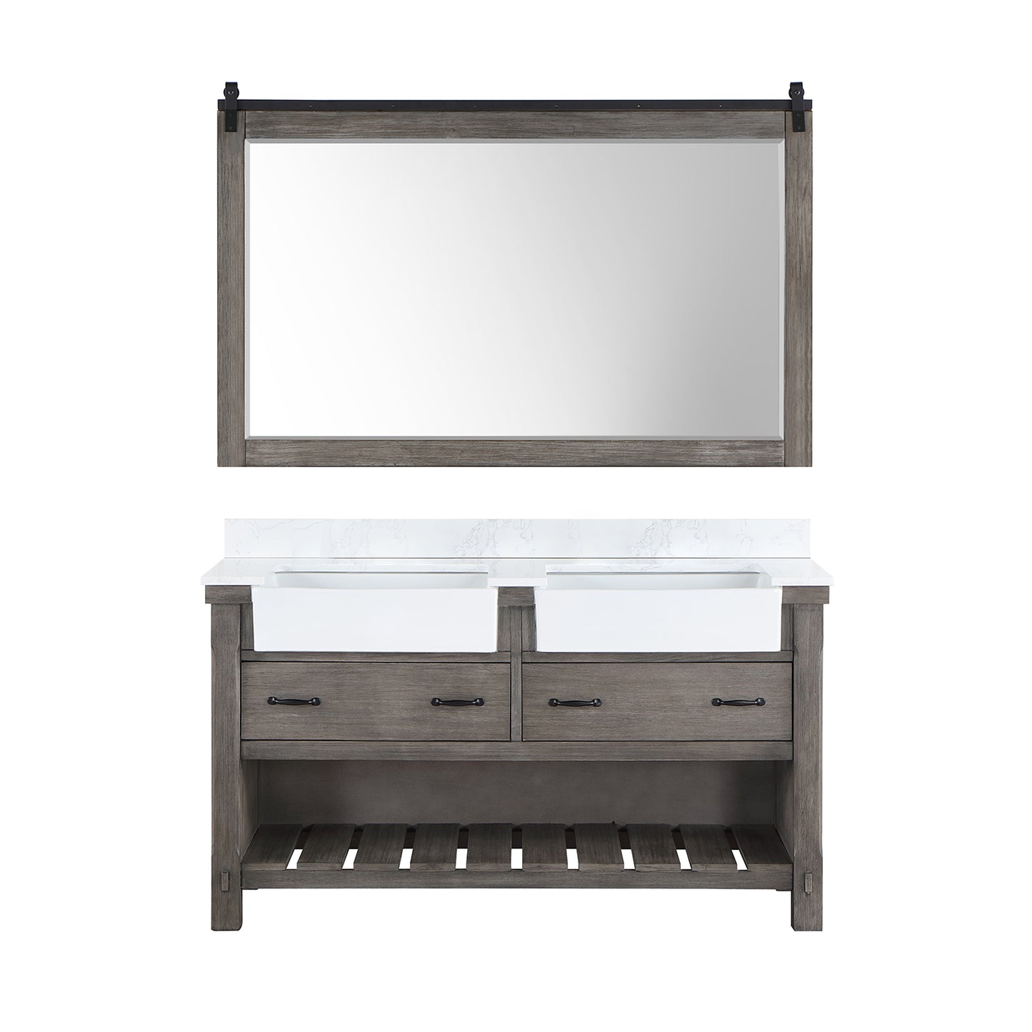 Villareal 60" Double Bath Vanity in Classical Grey with Composite Stone Top in White, White Farmhouse Basin and Mirror