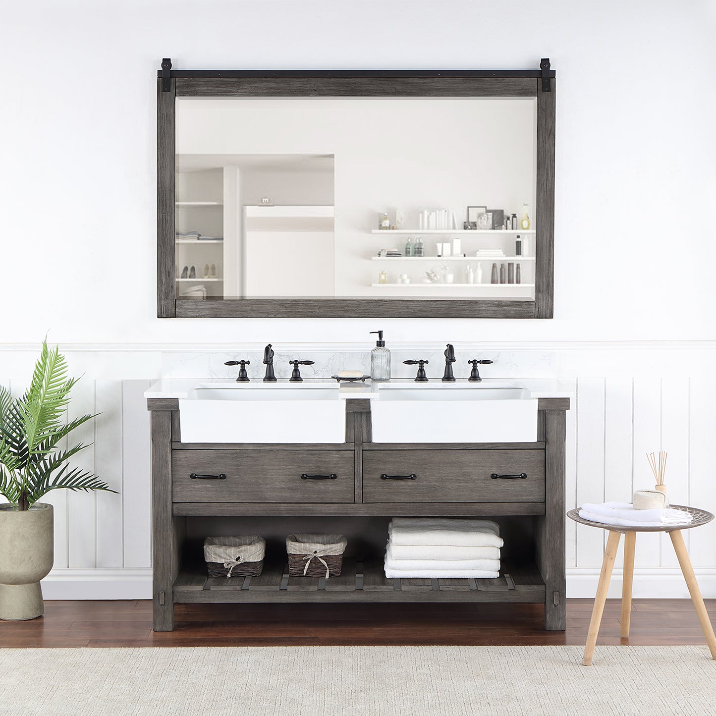 Villareal 60" Double Bath Vanity in Classical Grey with Composite Stone Top in White, White Farmhouse Basin and Mirror